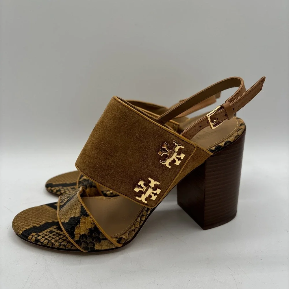Tory‎ Burch Kira Heeled Sandals Women's 7 Brown Snake Print Suede Leather